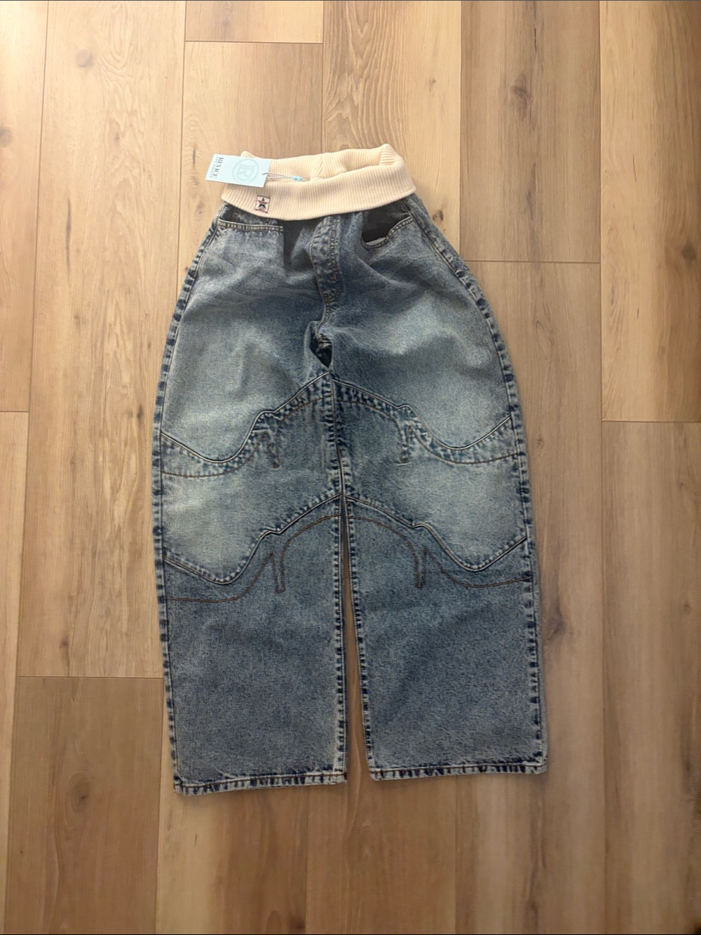 REVICE Washed Blue Wide-Leg Denim Pants with Cream Elastic Waistband